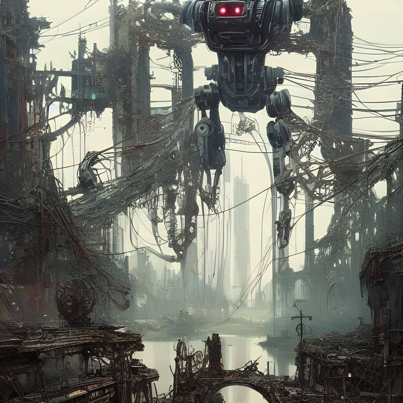 Post-Apocalyptic Robot on Destroyed Bridge