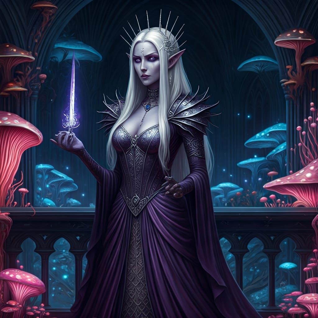 Drow Noblewoman with Bioluminescent Garden View