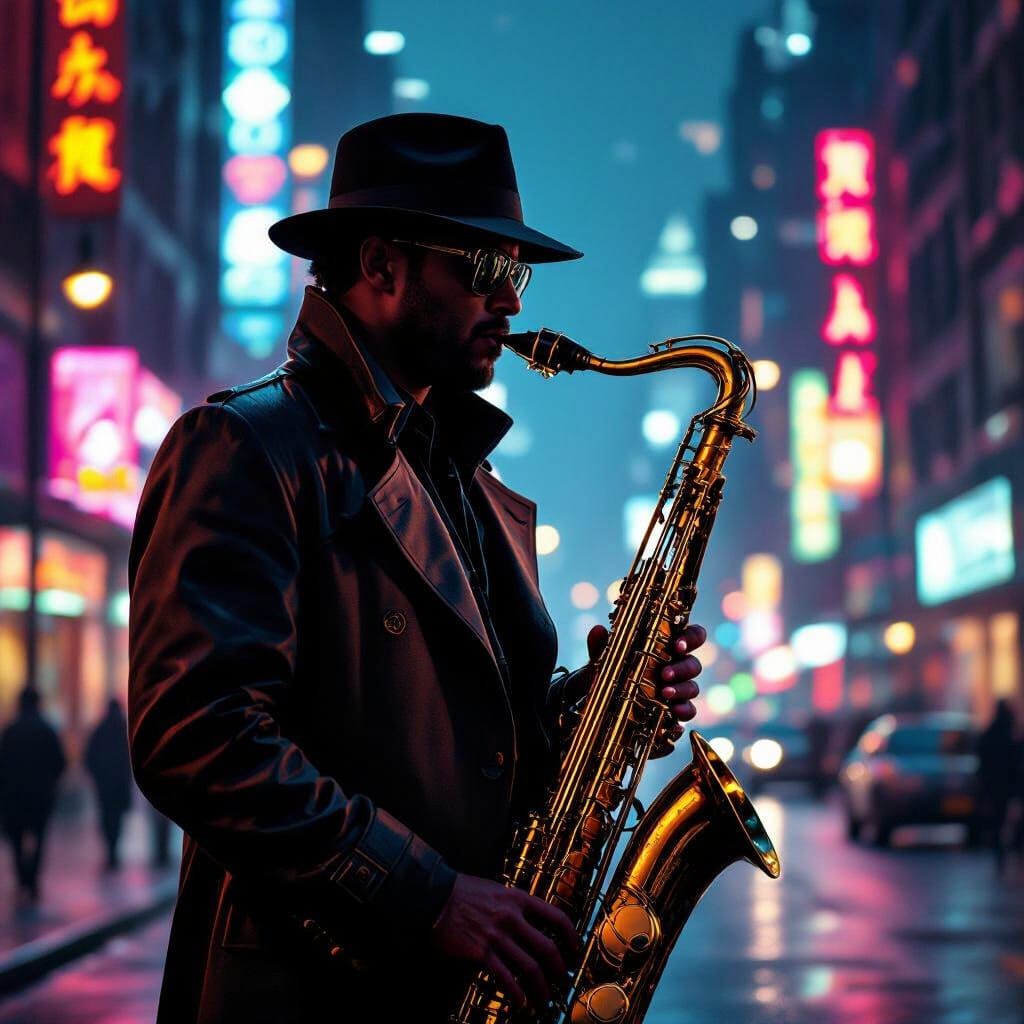 Neon City Saxophonist in Cyberpunk Style