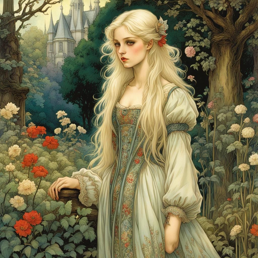 Pale Girl in Magical Garden, Arthur Rackham Style