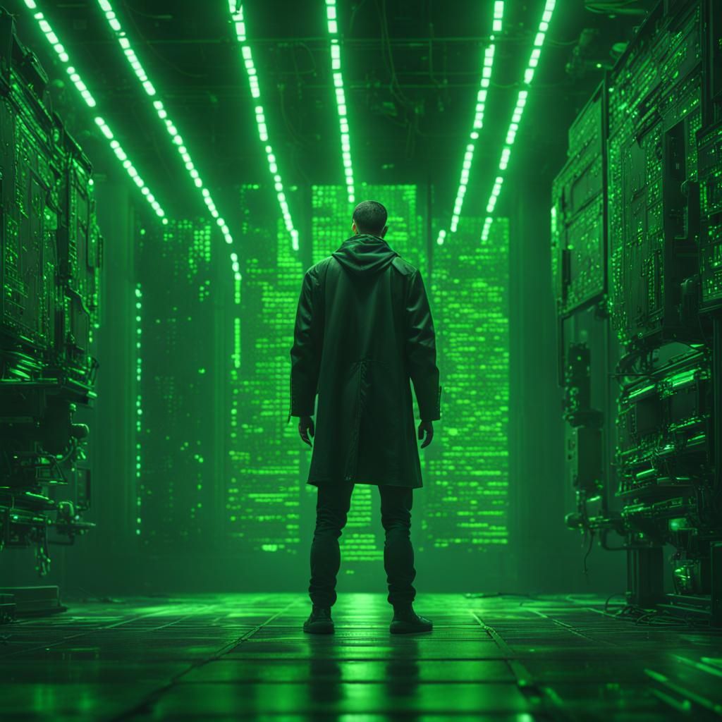 Hacker in Matrix Style Room, Digital Matte Painting