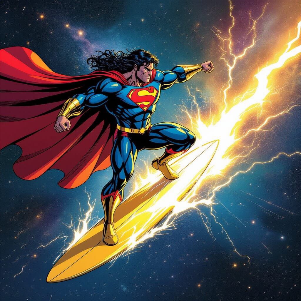 Cosmic Hercules Superman Surfing Lightning in Gold Costume