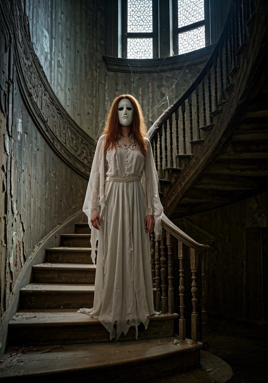 Ghostly Apparition in Haunted Mansion, Eerie Surrealism