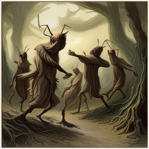 Grotesque Ants Dancing in Dark Engraving Style