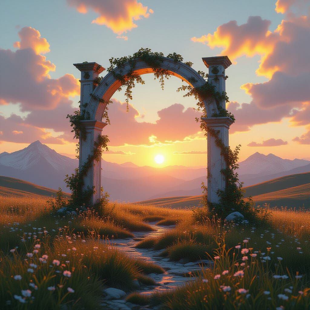 Infinity Gate on Windswept Plateau at Sunset