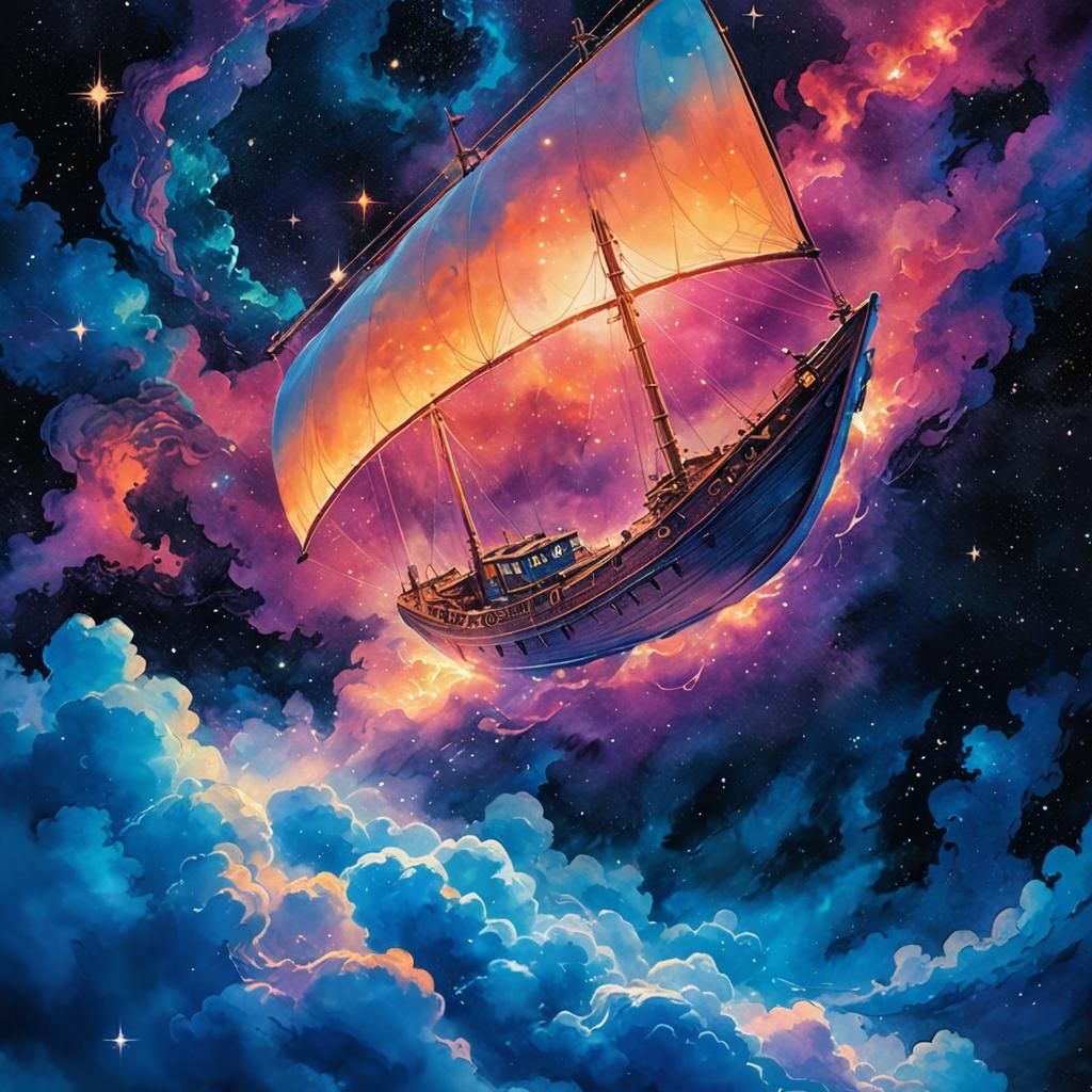 Glowing Boat Floating in Space: Ethereal Watercolor Art
