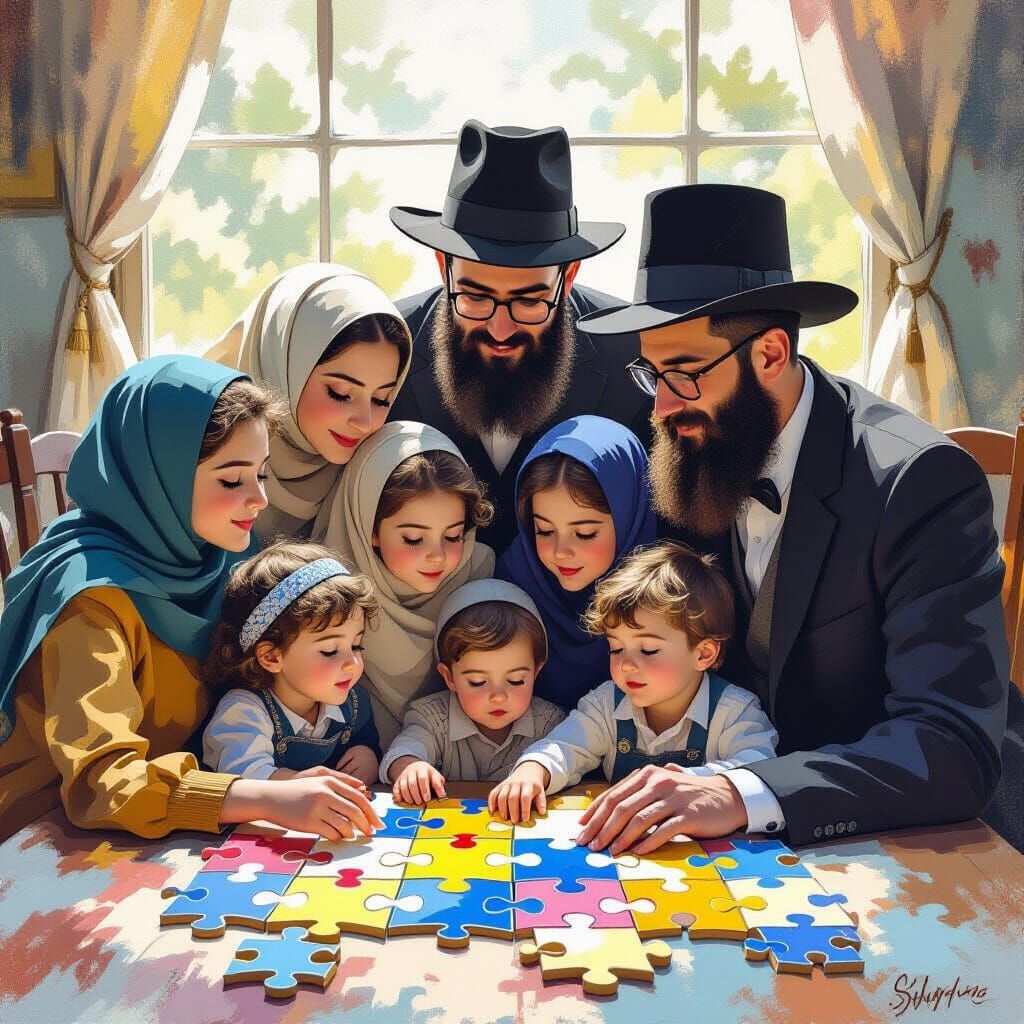 Haredi Family Trip as a Living Puzzle Illustration