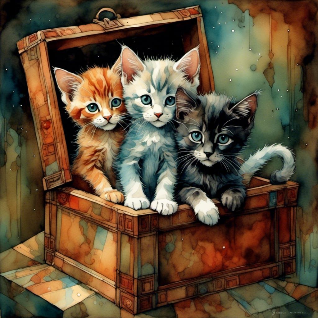 Whimsical Kittens in a Box Watercolor and Ink