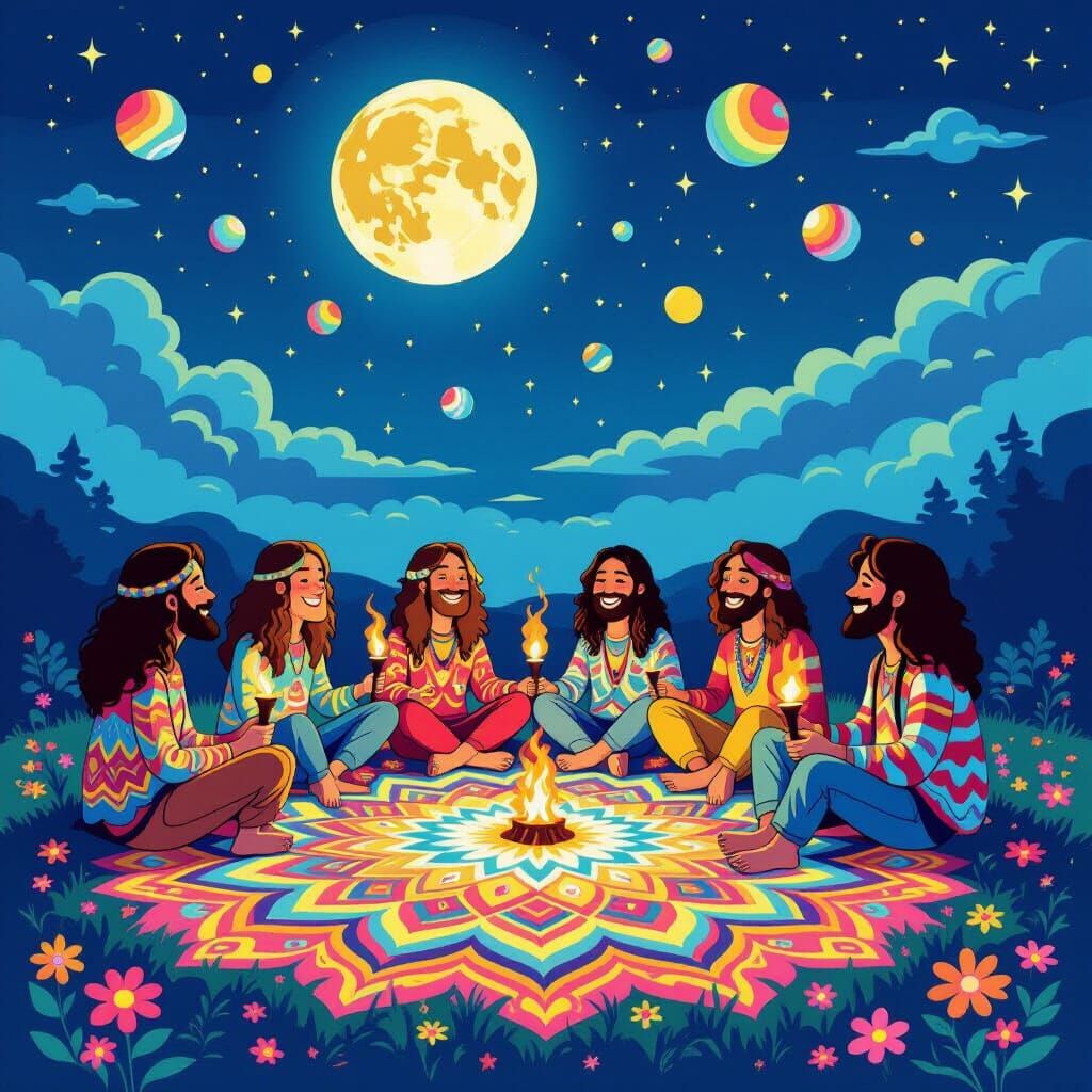 Psychedelic Hippies Share Light at Night