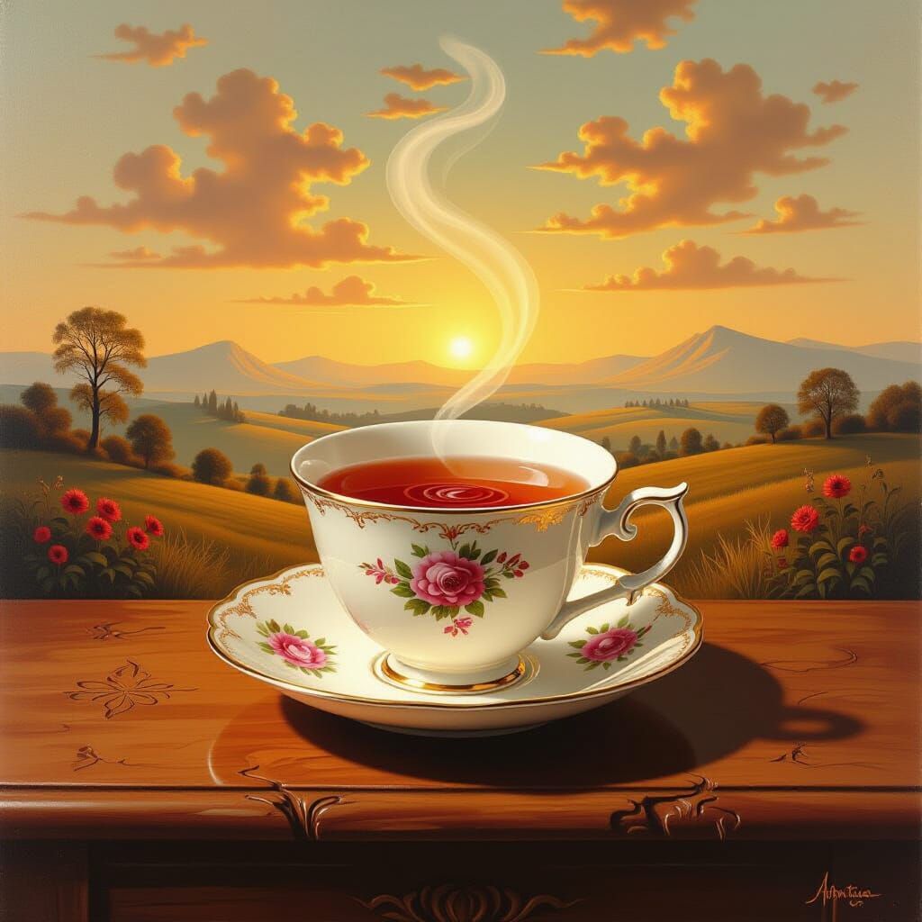 Surreal Teacup with Crimson Liquid, Oil on Canvas