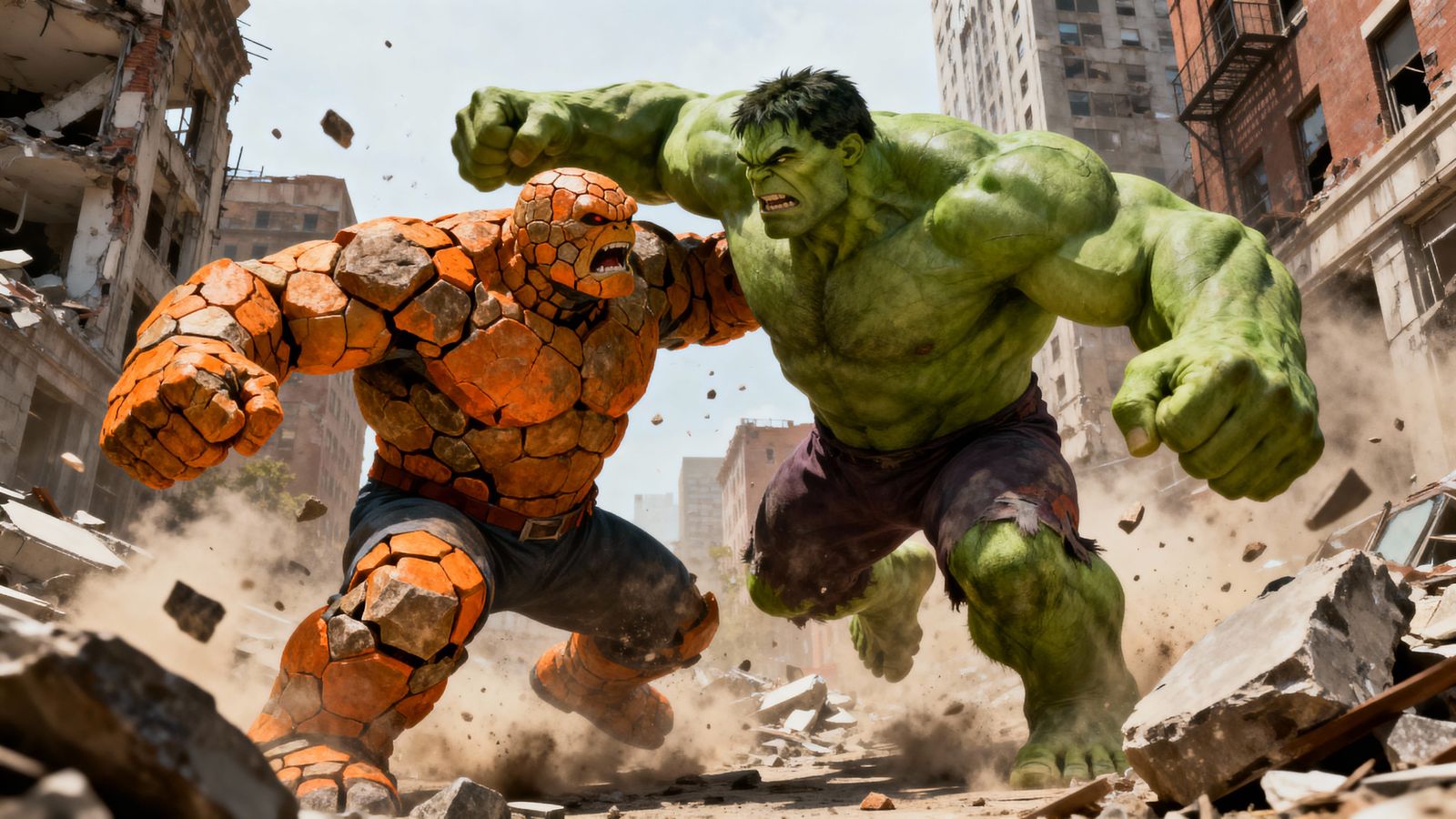 Hulk vs The Thing: Epic Mid-Air Comic Battle in Ruins