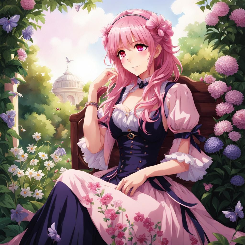 Pink-Haired Woman in Garden, Anime Key Visual