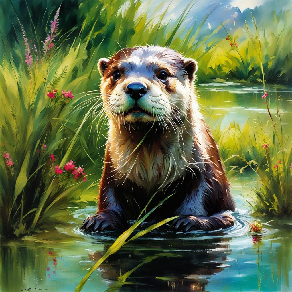 Cute Otter in Lake: Fine Art Oil Painting