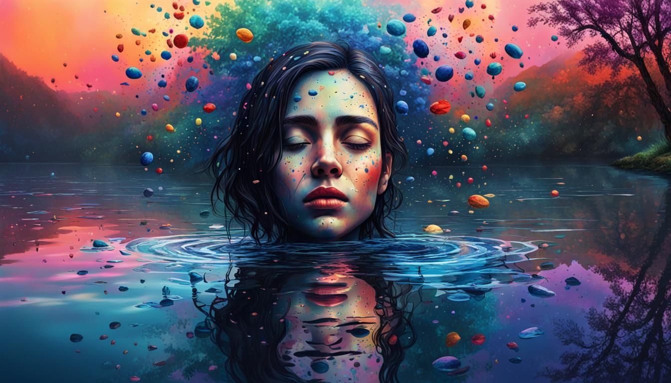 Sad Woman Portrait with Colorful Splash Art Background