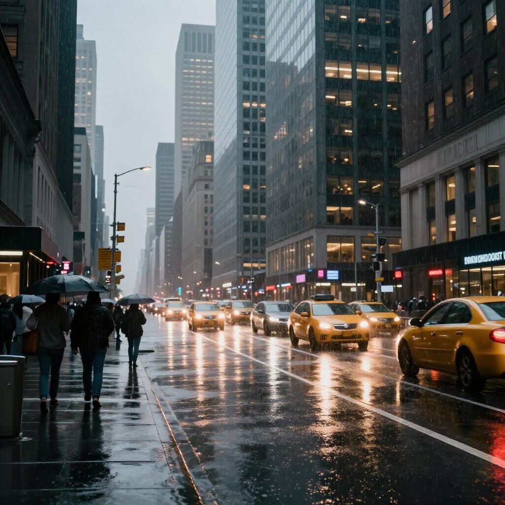 NYC Downtown Rainstorm: Street Level View