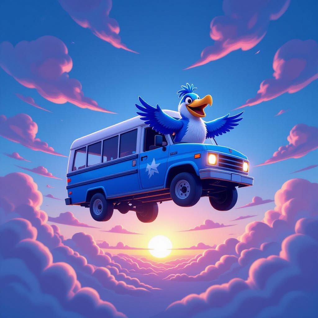 Fortnite Battle Bus with Pelly Emerging in Cel-Shaded Style