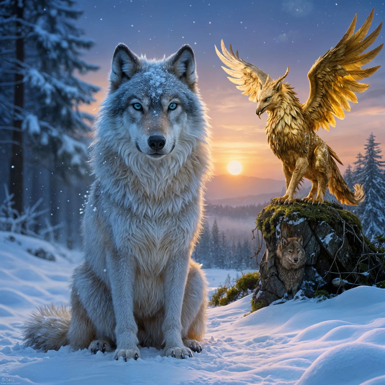 Majestic Snow Wolf and Griffin in Snowy Forest