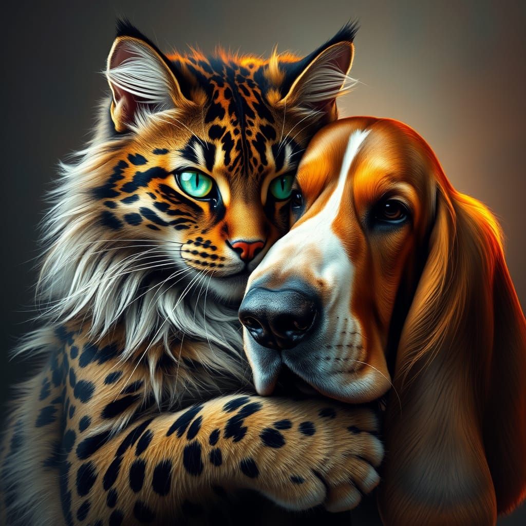 Leopard Siberian Cat Hugging Basset Hound Portrait