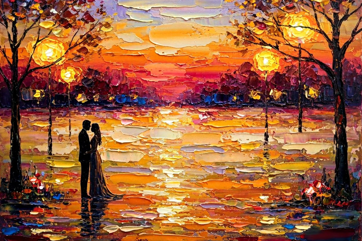 Romantic Evening Scene as Impasto Painting