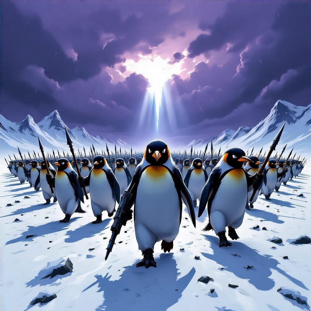 Penguin Army's Fierce March in Dramatic Concept Art Style