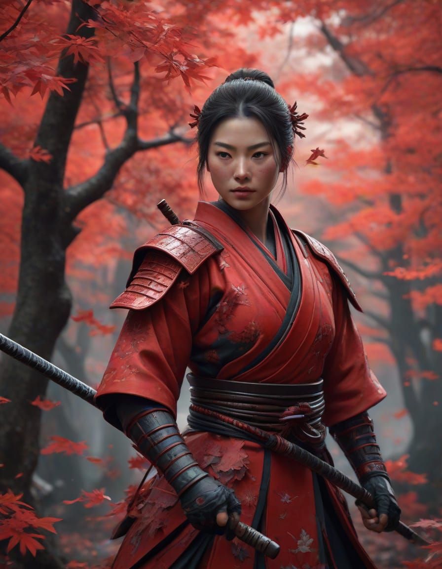 Female Samurai in Red Maple Leaves, Fantasy Art