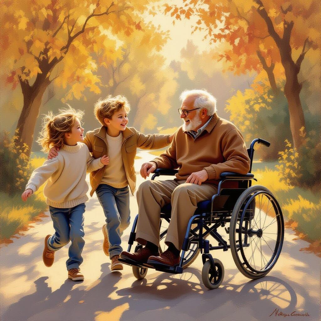 Joyful Grandchildren Hug Grandfather in Warm Golden Hour Lig...