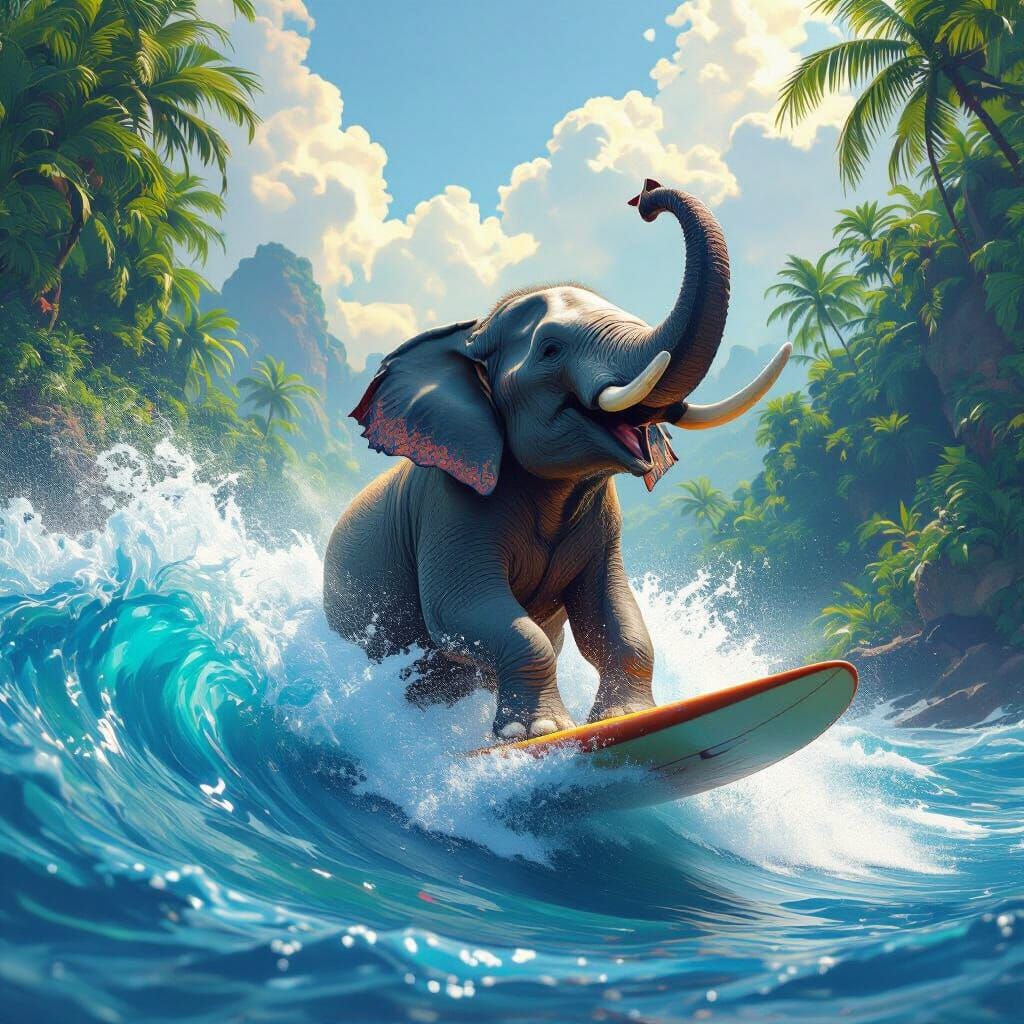 Elephant Surfing Exhilarating Wave in Fantastical Colors