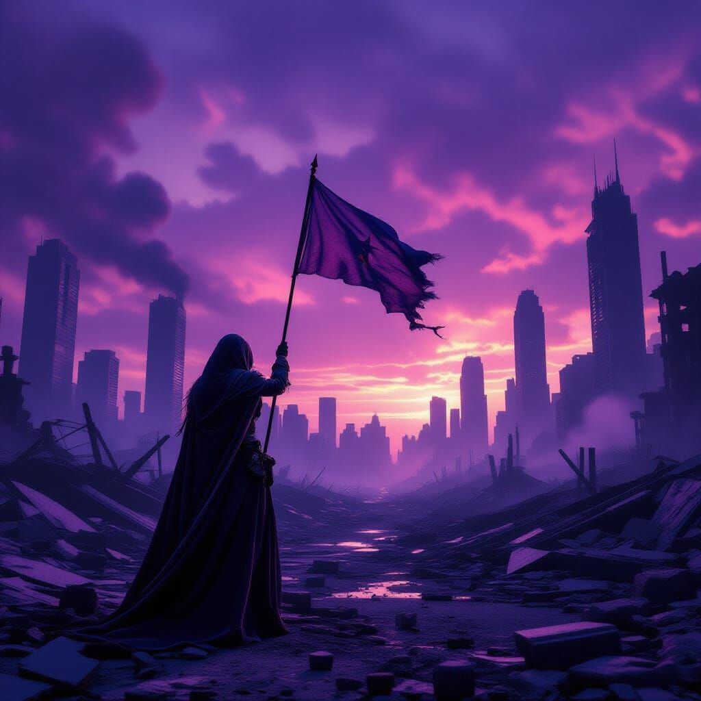 Lady Timpani in Ruined City Under Purple Sky