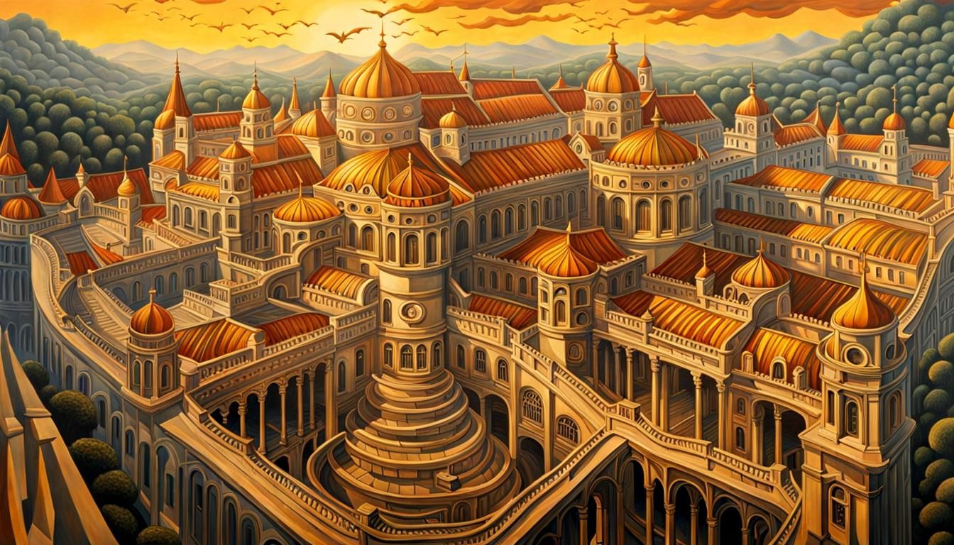 Photorealistic Escher Palace in Golden Light