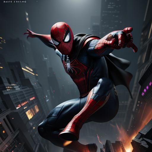 Superhero inspired by Spider-Man black suit, full body, spin...