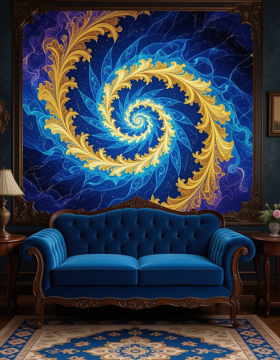 Surreal Plush Sofa Under Cosmic Portal in Impasto Style