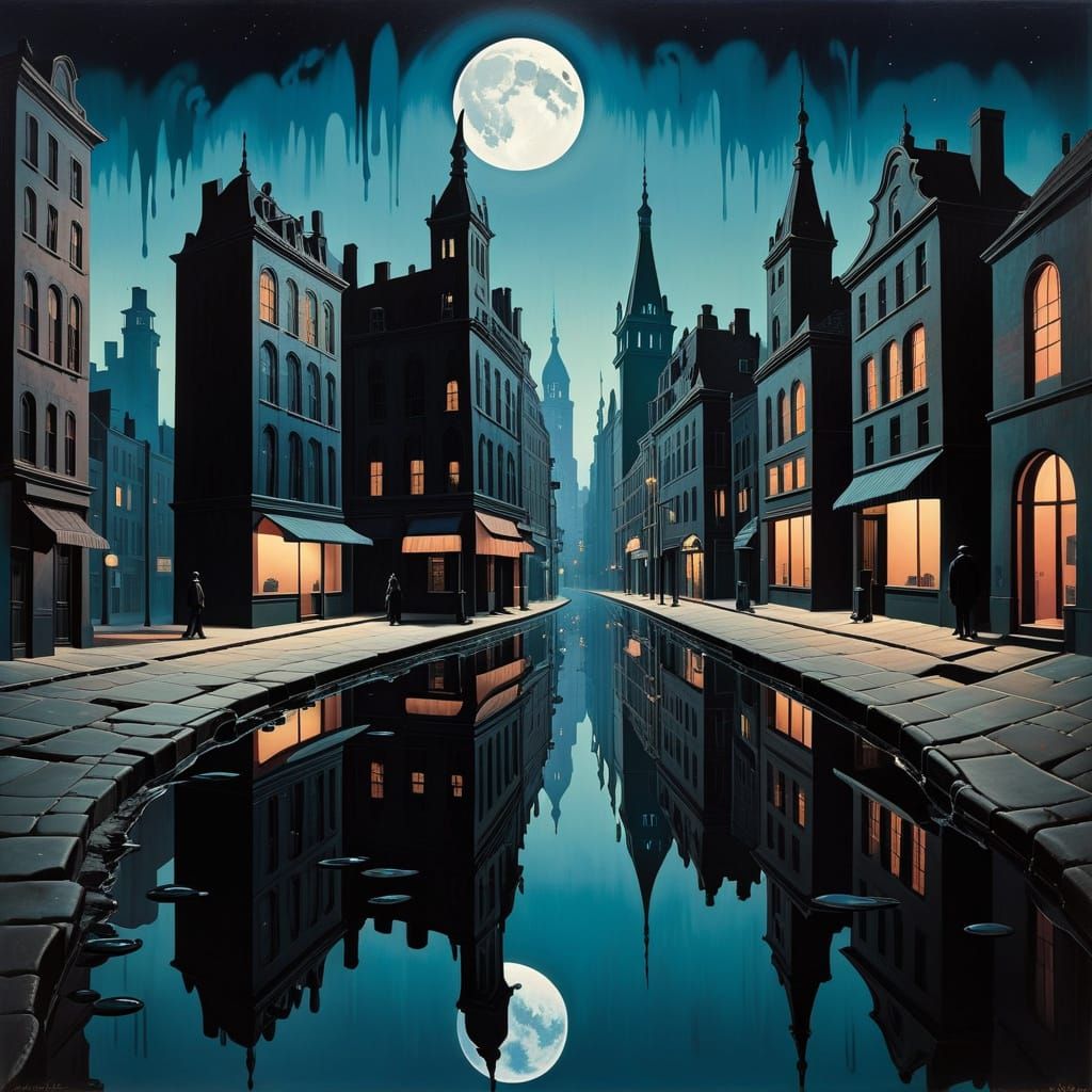 Surreal Melting Cityscape Under Eerie Moonlit Shadows