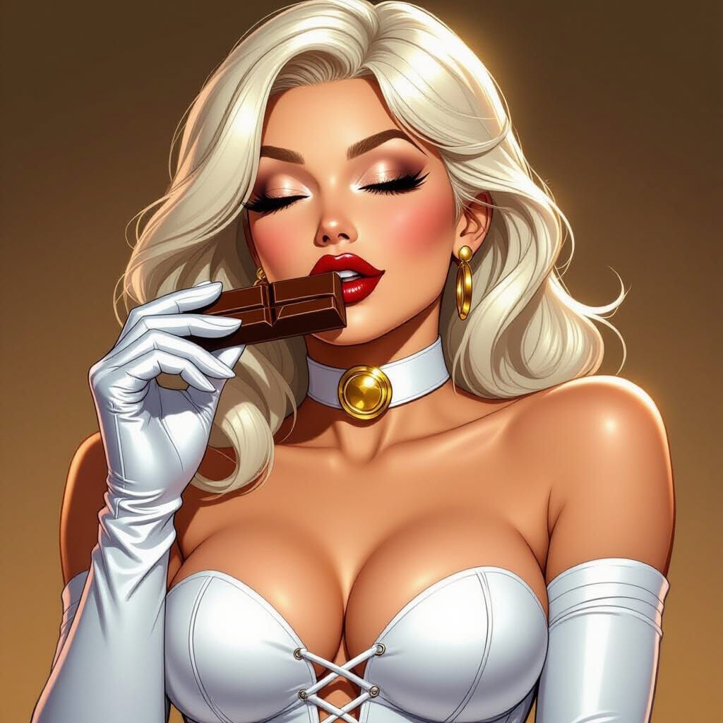 Emma Frost in Comic Pin-Up Style Biting Chocolate