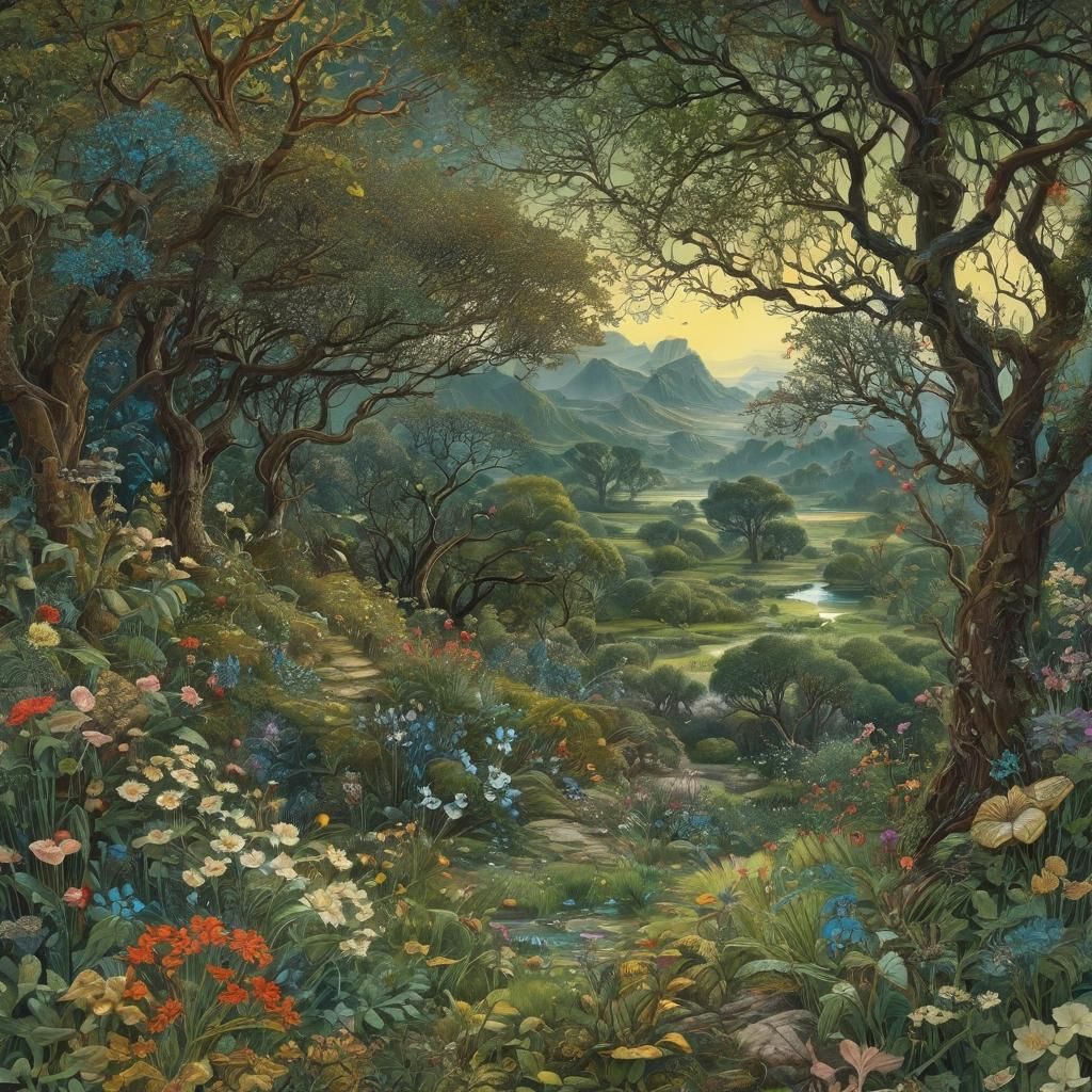 Intricate Landscape with Ebony-Green Light