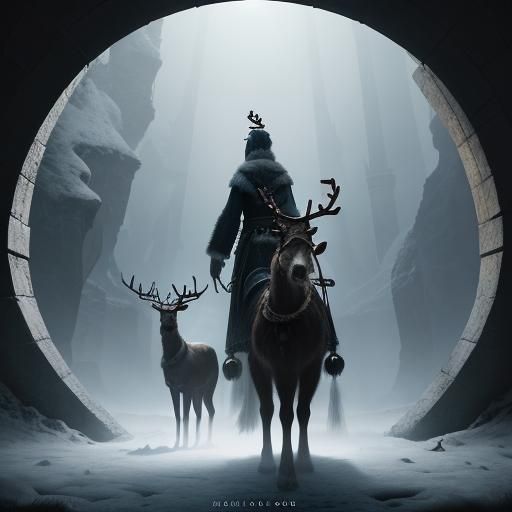 Eerie Hall: Woman and Reindeer in Gothic Digital Art