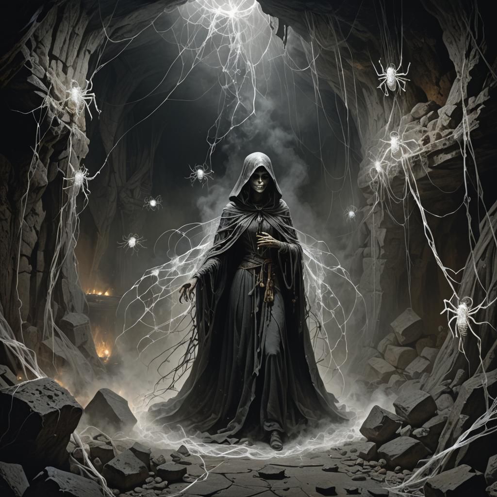 Spider Sorceress in Dark Cave: Gothic Horror Art