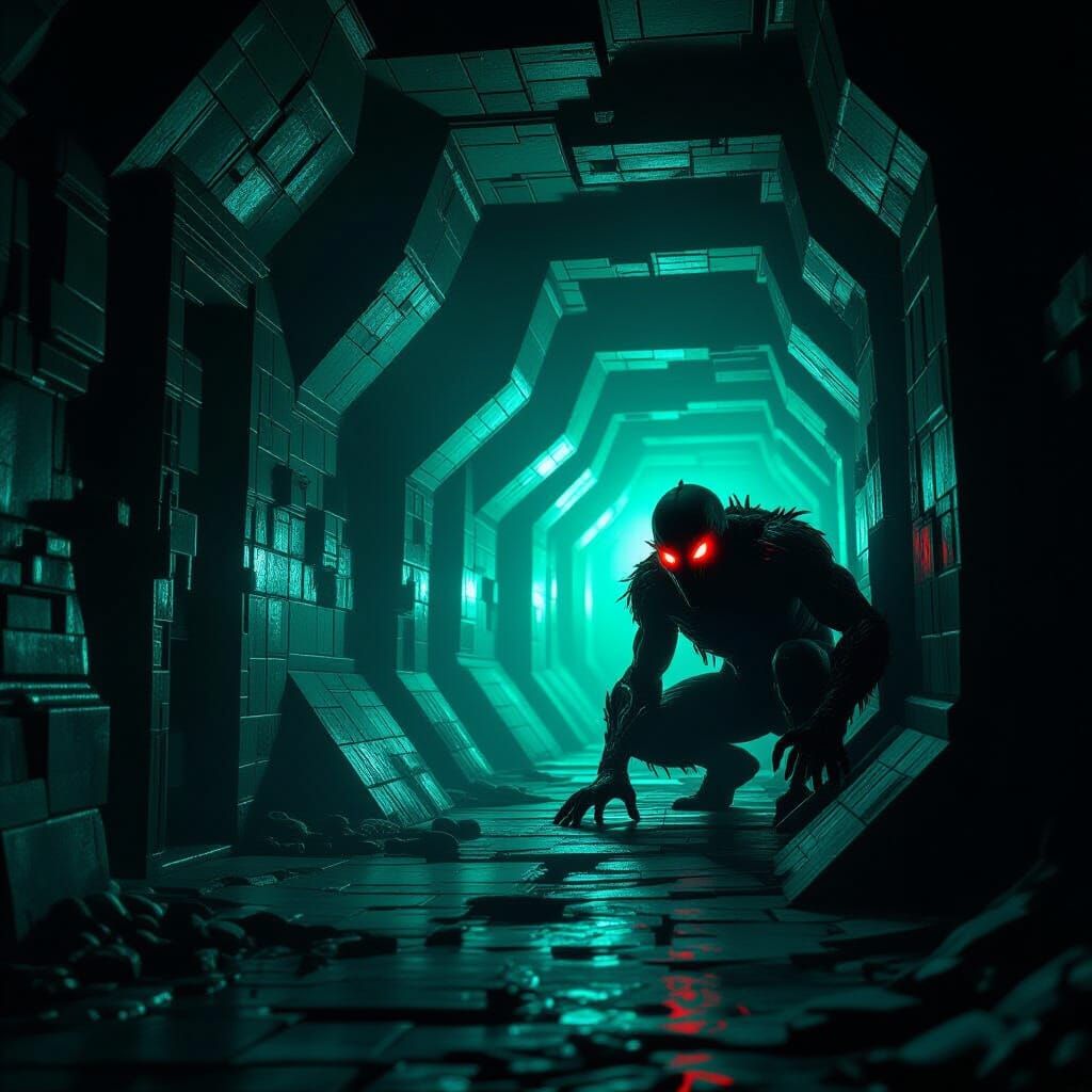 Spooky Labyrinth with Monster in Night Vision Style