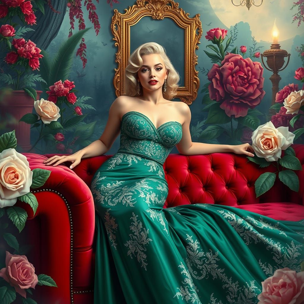 Glamorous Hollywood Goddess in Emerald Green Evening Gown
