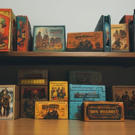 Vintage Action Figure Boxes in Warm, Cinematic Lighting