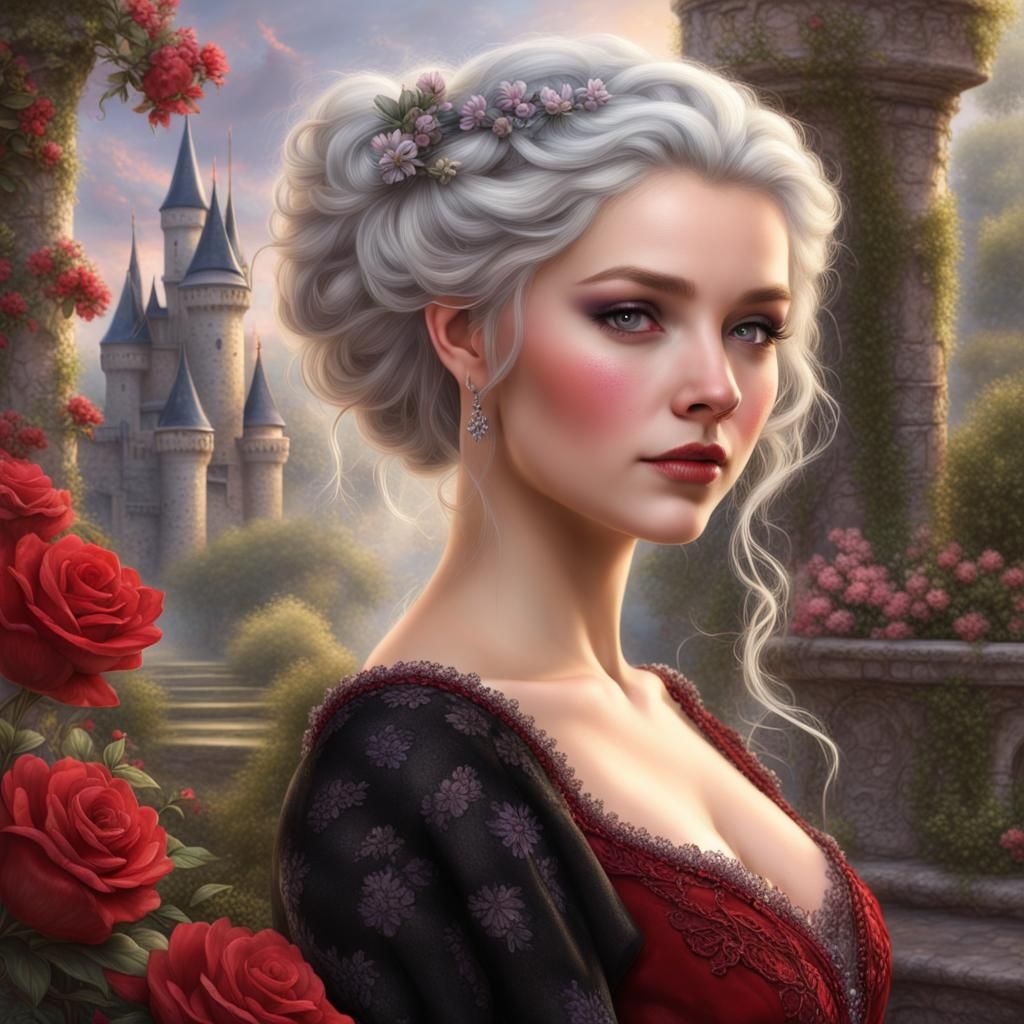 Ethereal Silver Haired Girl in Castle Garden