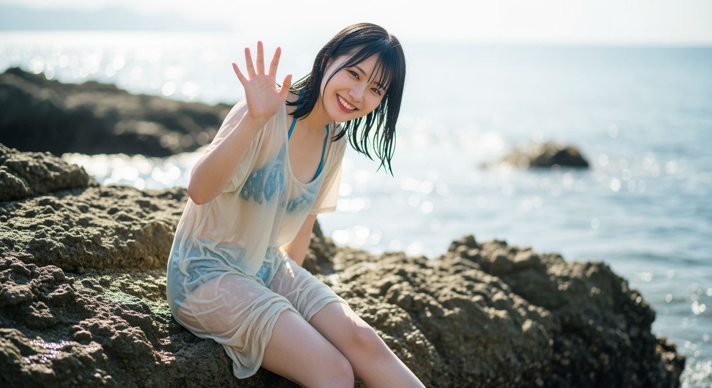 Beautiful Girl Posing on Rock in Sea Photography