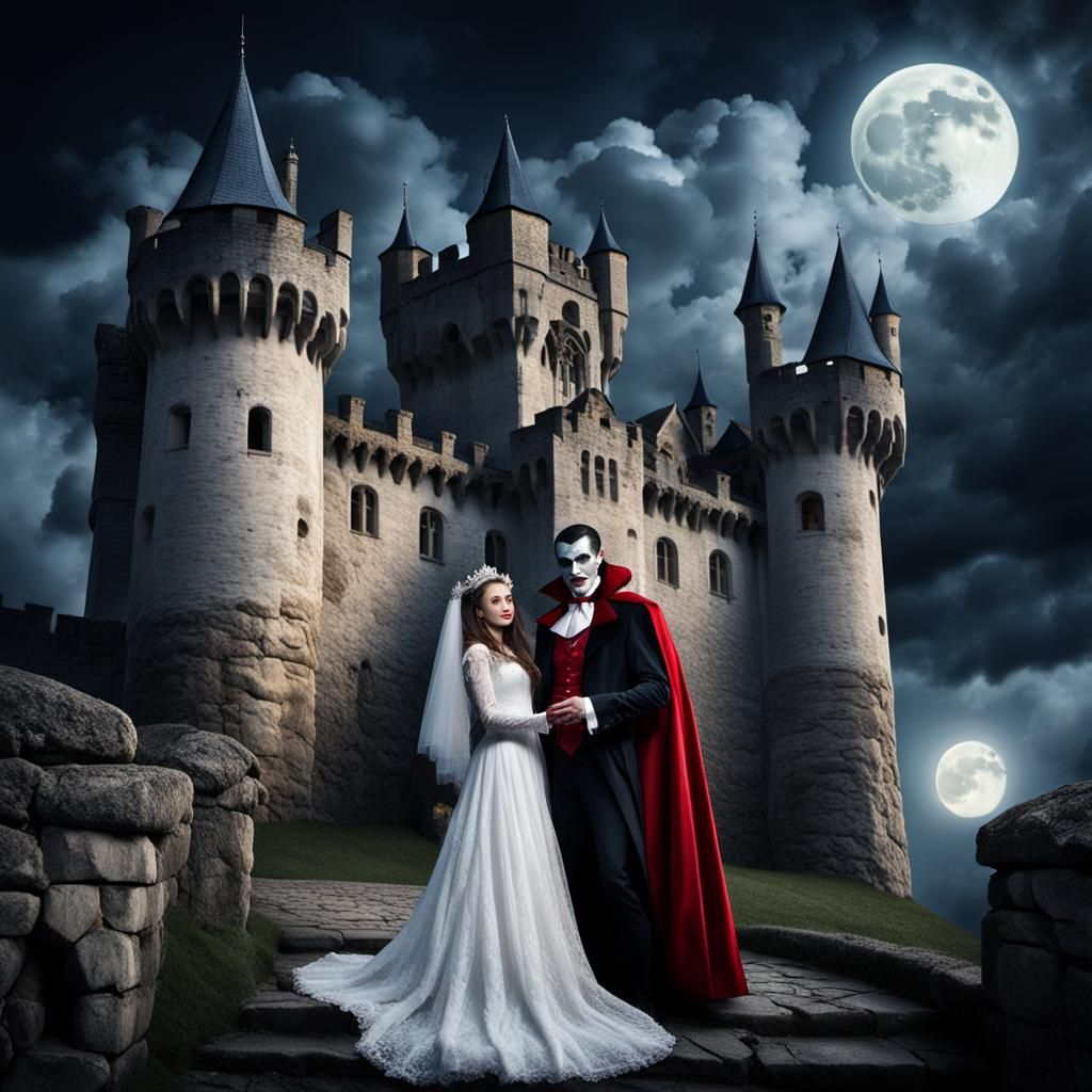 Dracula and Bride at Castle: Realistic Photography