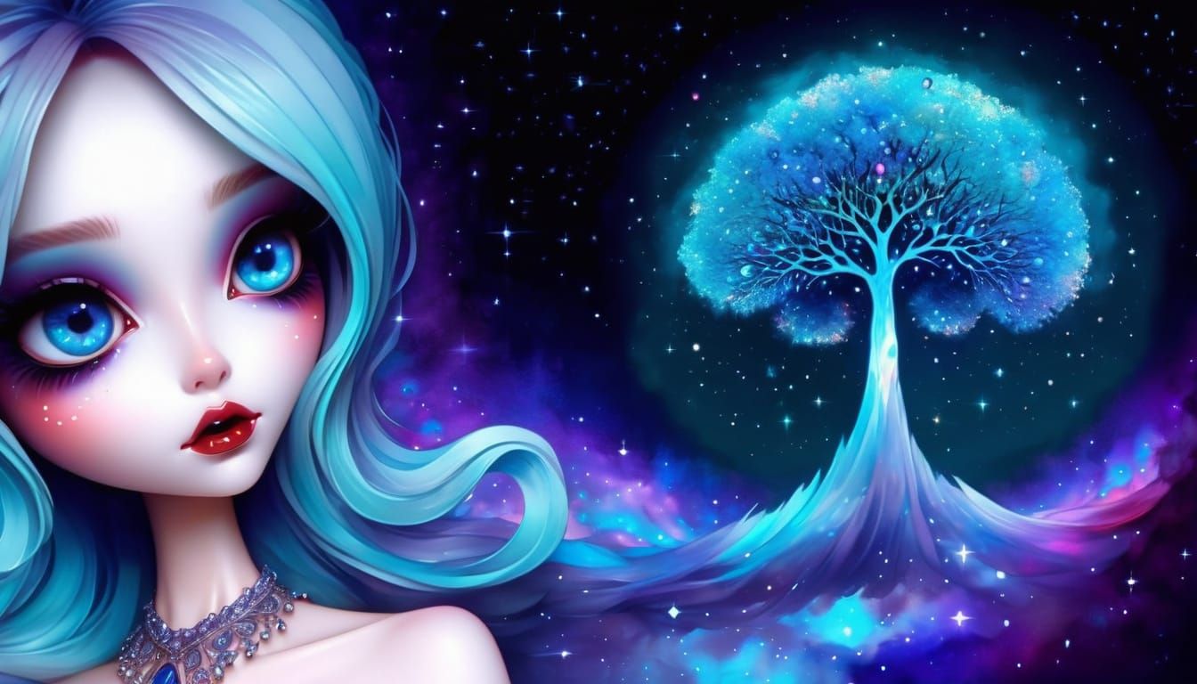 Ethereal Woman in Starry Space: Digital Watercolor Art