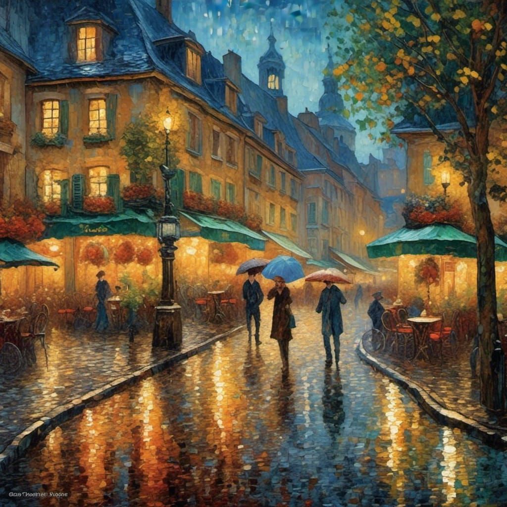 Rainy European Street Scene in Neo-Impressionist Style