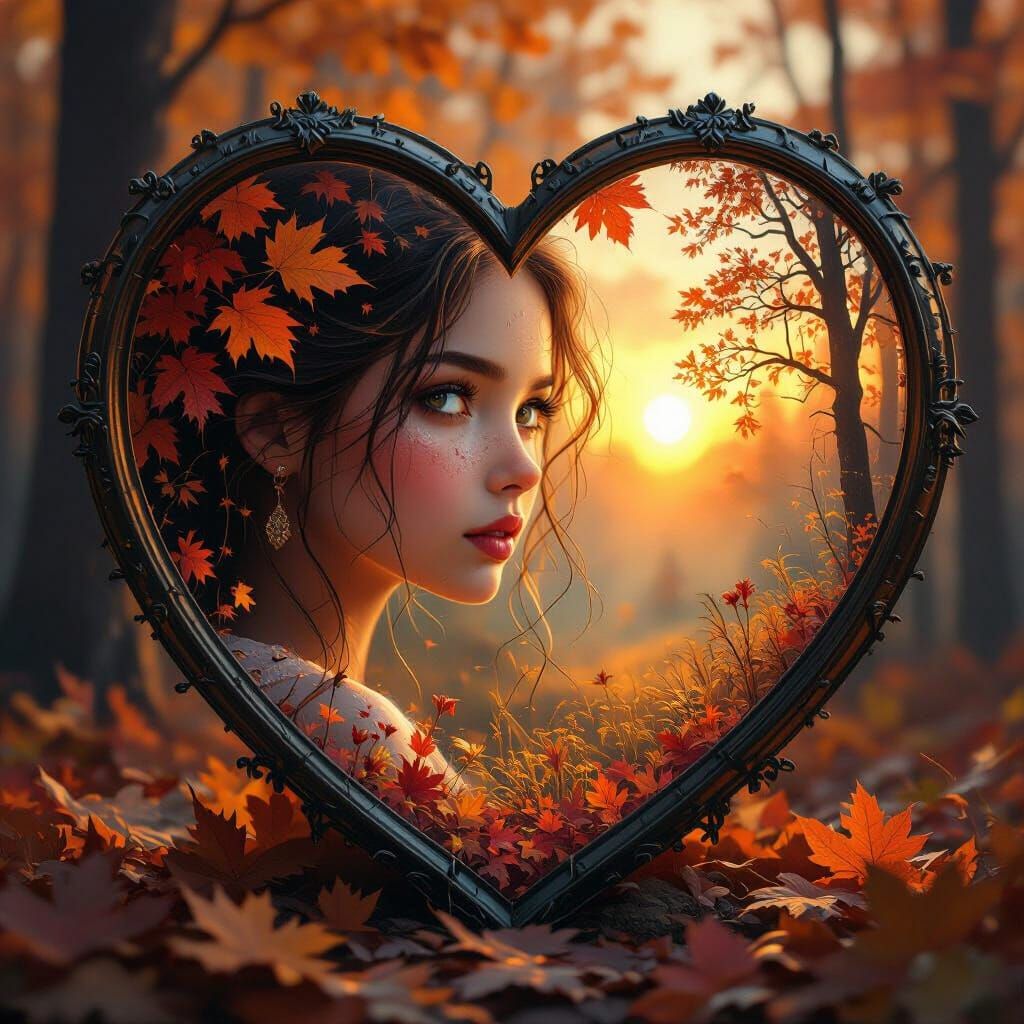 Fantasy Girl in Autumn Forest Heart Frame