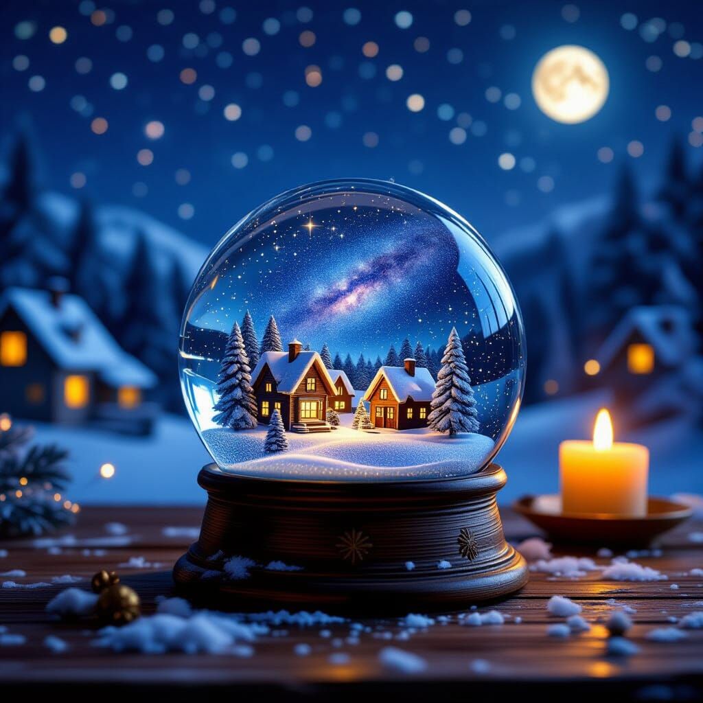 Starry Night Snow Globe: Photorealistic Winter Scene