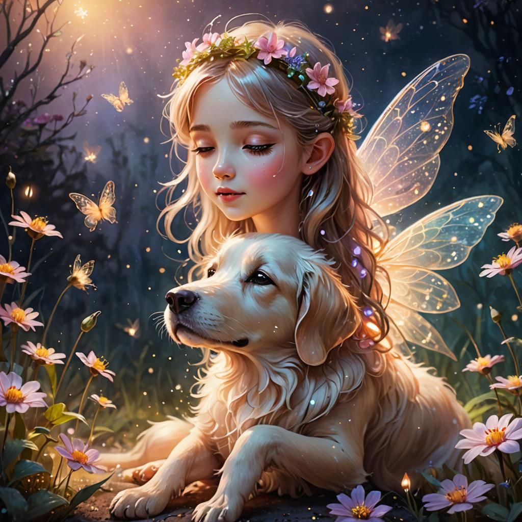 Whimsical Fairy and Dog Fantasy Illustration