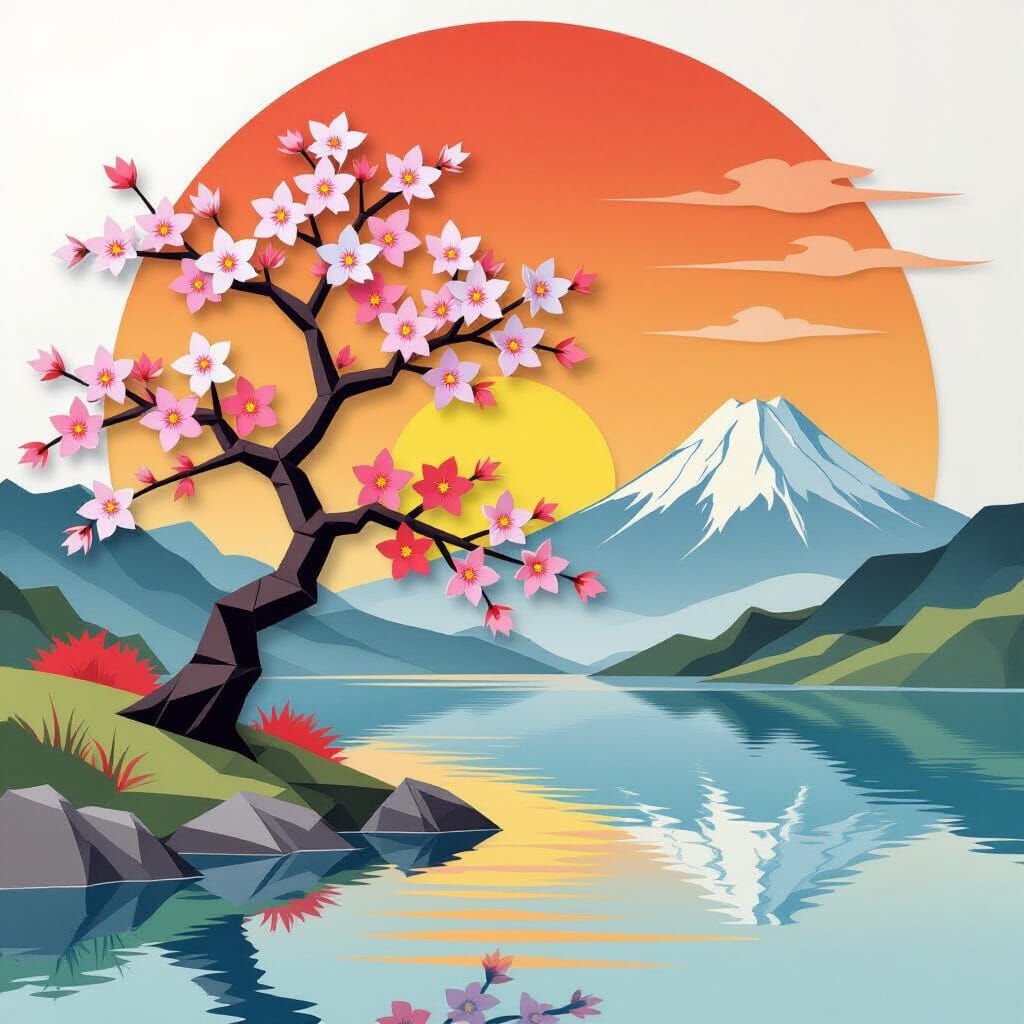 Origami Cherry Blossom Scene at Sunset