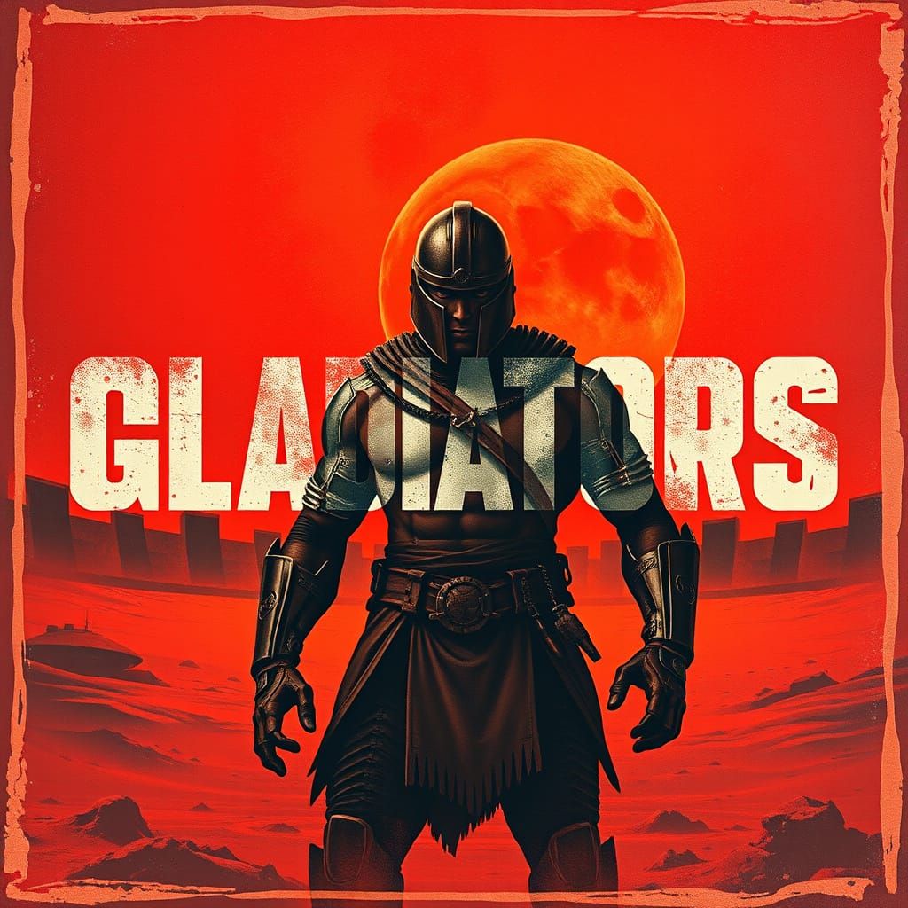 Mars Gladiator Poster: Cybernetic Warrior in Retro Sci-Fi St...