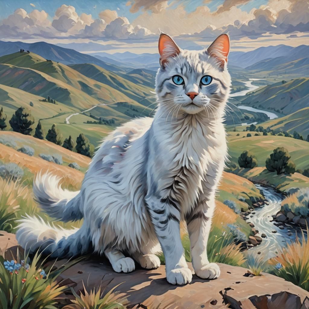 Silver Cat on Windy Hill as Impressionist Oil Painting